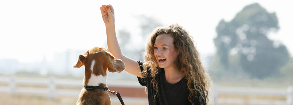 a woman holding up a treat and a dog jumping up to reach it.